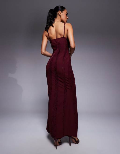 Exclusivité - Murci - Robe longue avec encolure carrée et empiècement en dentelle transparente - Prune, 2 de 4