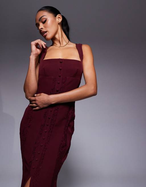 Exclusivité - Murci - Robe longue avec encolure carrée et empiècement en dentelle transparente - Prune, 4 de 4