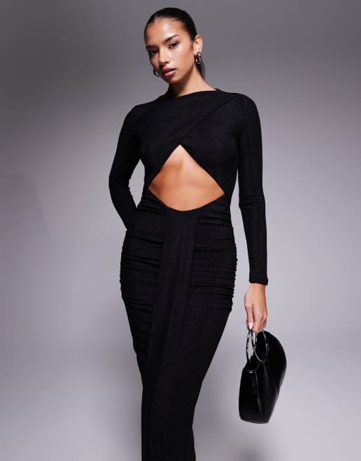 Exclusivité - Murci - Robe longue drapée à encolure bateau et découpes - Noir pailleté, 2 de 4