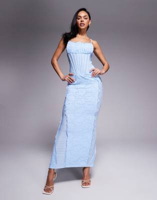 Exclusivité - - Robe longue en dentelle avec taille corset et bretelles fines - Bleu pastel 42