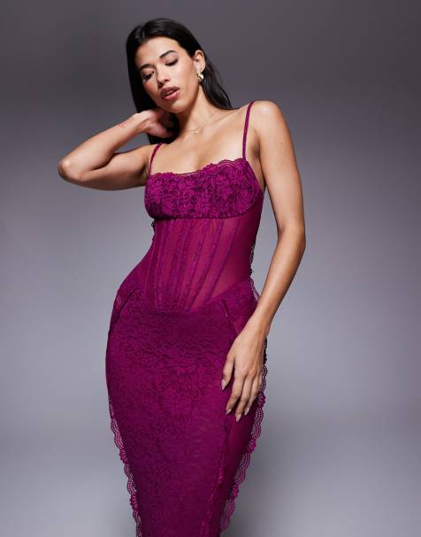Exclusivité - Murci - Robe longue en dentelle transparente avec taille corset et bretelles fines - Violet - view 1