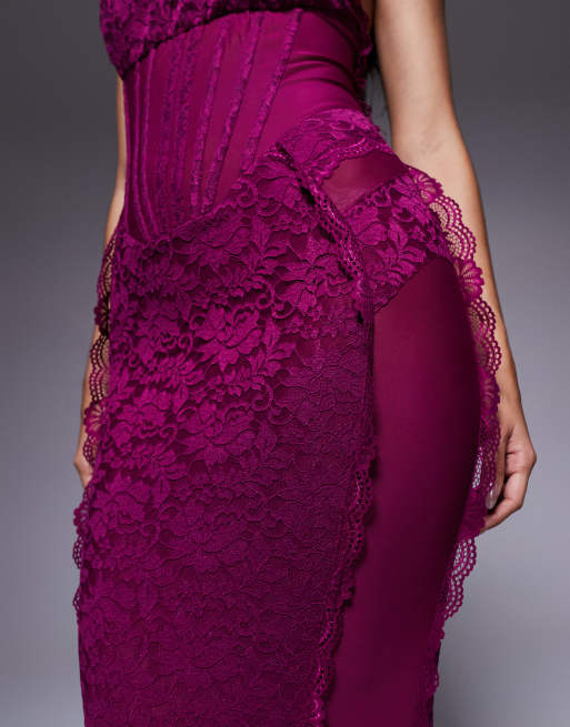 Exclusivité - Murci - Robe longue en dentelle transparente avec taille corset et bretelles fines - Violet, 2 de 4