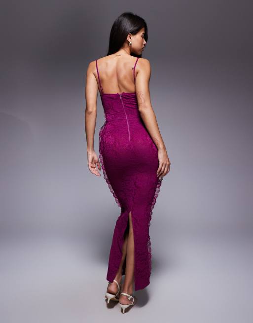 Exclusivité - Murci - Robe longue en dentelle transparente avec taille corset et bretelles fines - Violet, 3 de 4