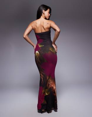 Exclusivité - Murci - Robe longue en tulle à imprimé fleurs avec ourlet plongeant et encolure bandeau - Violet-Noir