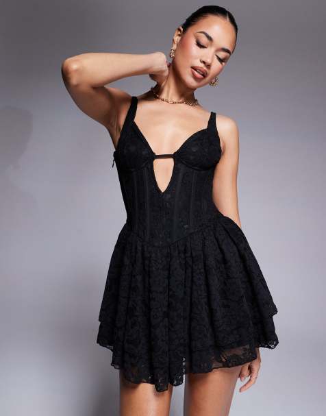 Exclusivité - Murci - Robe structurée courte en dentelle avec corset à fente goutte d'eau - Noir - view 1