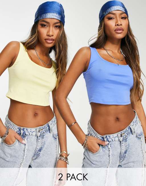 Exclusivité - Only - Lot de 2 crop tops à encolure échancrée - Bleu/jaune