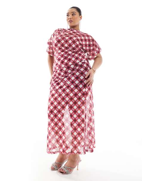 Exclusivité - Renée Studio - Ensemble top froncé sur le côté et drapé et jupe longue torsadée - Rouge à carreaux multicolores - view 1