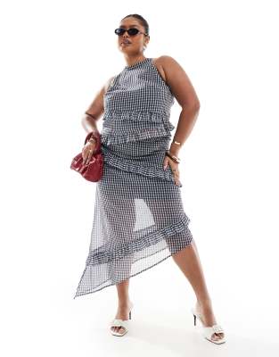 Exclusivité - Renée Studio - Jupe mi-longue d'ensemble à ourlet asymétrique et bords volantés - Carreaux gris-Multicolore