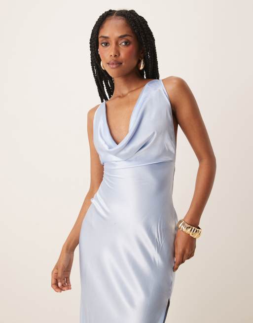Exclusivité - SNDYS - Robe longue asymétrique fendue sur la cuisse avec lanières dans le dos en satin - Bleu