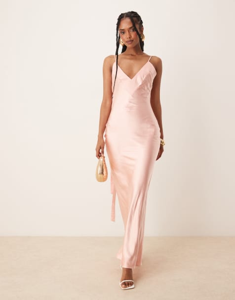 Exclusivité - SNDYS - Robe longue en satin à décolleté en V et liens au dos - Rose - view 1
