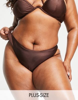 South Beach Curve Exclusive high leg bikini bottom in high shine brown  - ASOS Price Checker