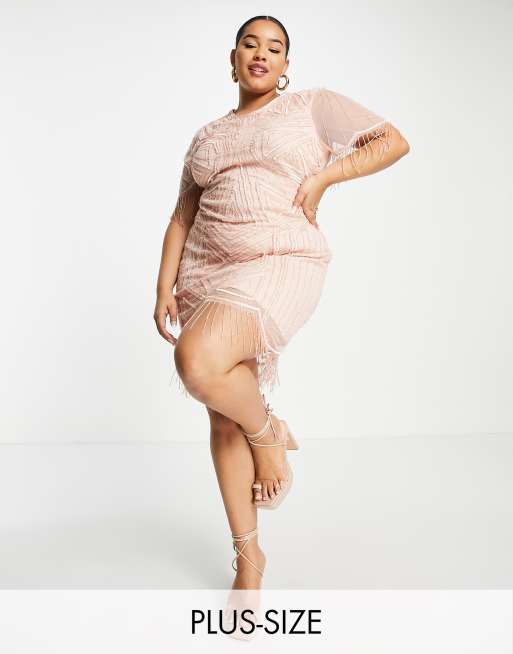 Exclusivité - Starlet Plus - Robe courte à sequins avec mancherons et franges - Blush