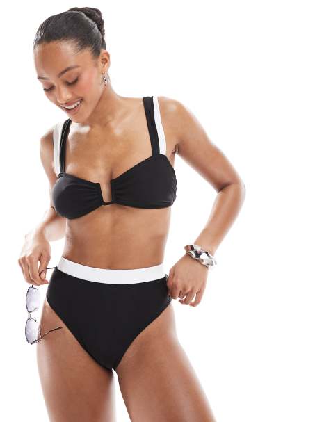 Exclusivité - The Frolic - Bas de bikini d'ensemble à taille haute et détails contrastants - Noir et blanc - view 1