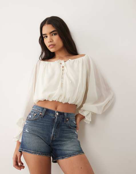 Exclusivité - The Frolic - Blouse en mousseline à laçage, manches bouffantes et encolure Bardot - Crème - view 1
