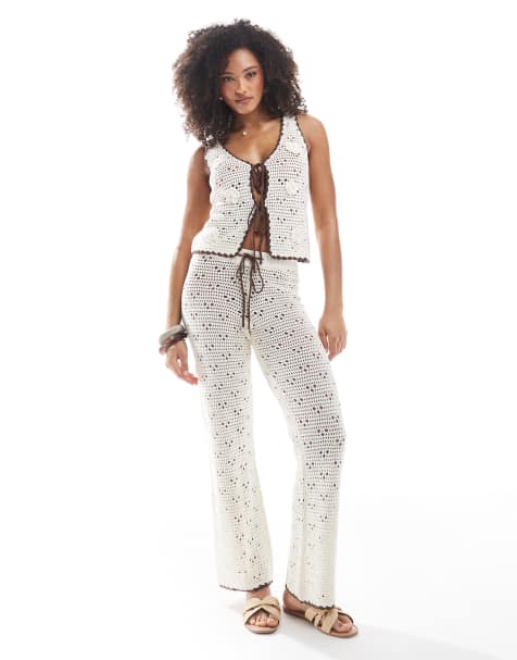 Exclusivité - The Frolic - Débardeur de plage au crochet noué devant et pantalon ample - Crème - view 1