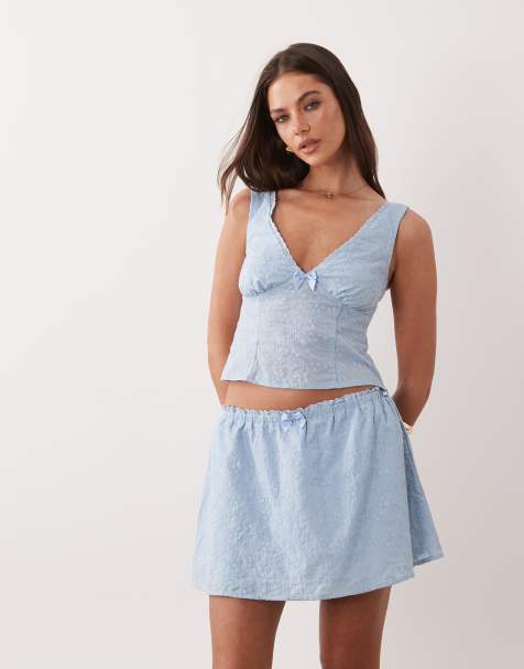 Exclusivité - The Frolic - Mini-jupe d'ensemble en coton à volants et détail nœud - Bleu - view 1