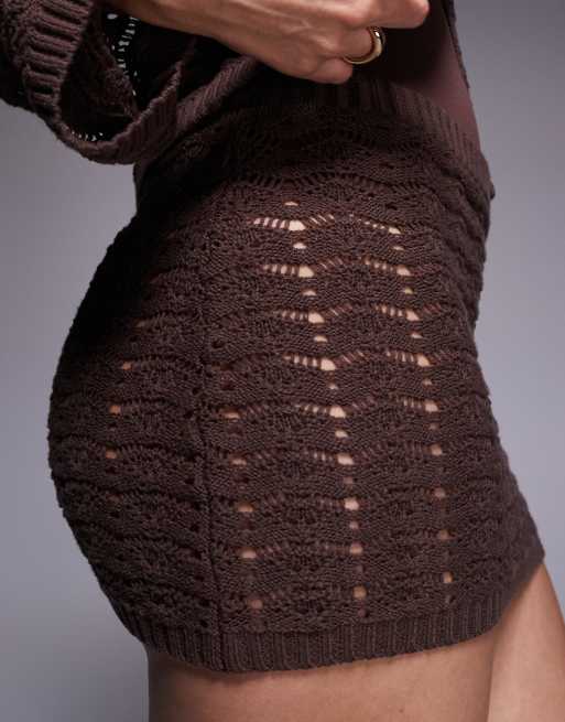 Exclusivité - The Frolic - Mini-jupe d'ensemble en maille de coton mélangé crochetée - Chocolat, 2 de 5