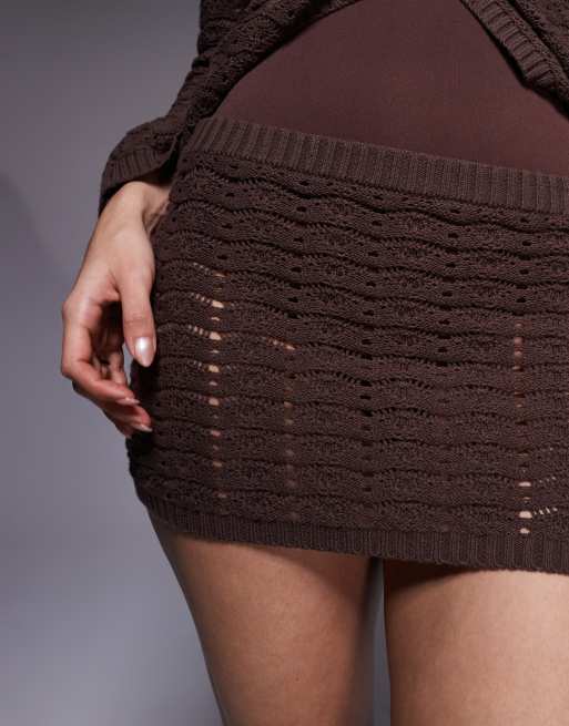 Exclusivité - The Frolic - Mini-jupe d'ensemble en maille de coton mélangé crochetée - Chocolat, 5 de 5