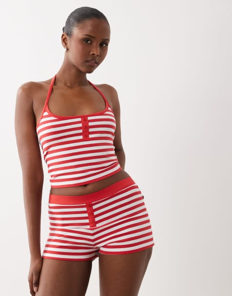 Exclusivité - The Frolic - Mini-short d'ensemble à détail boutonné - Rouge et blanc - view 1