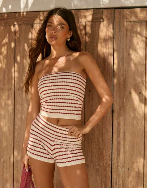 Exclusivité - The Frolic - Mini-short d'ensemble au crochet rayé avec taille rabattue - Blanc et rouge - view 1