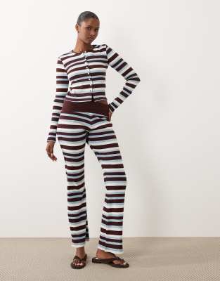 Exclusivité - - Pantalon d'ensemble évasé en tissu côtelé rayé à taille rabattue - Bleu et chocolat-Multicolore 38