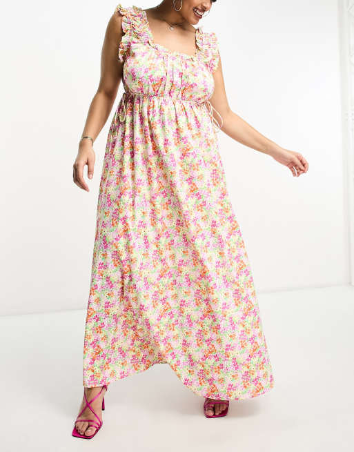 Exclusivité - The Frolic Plus - Robe longue à volants et encolure carrée imprimé fleuri style aquarelle - Multicolore   