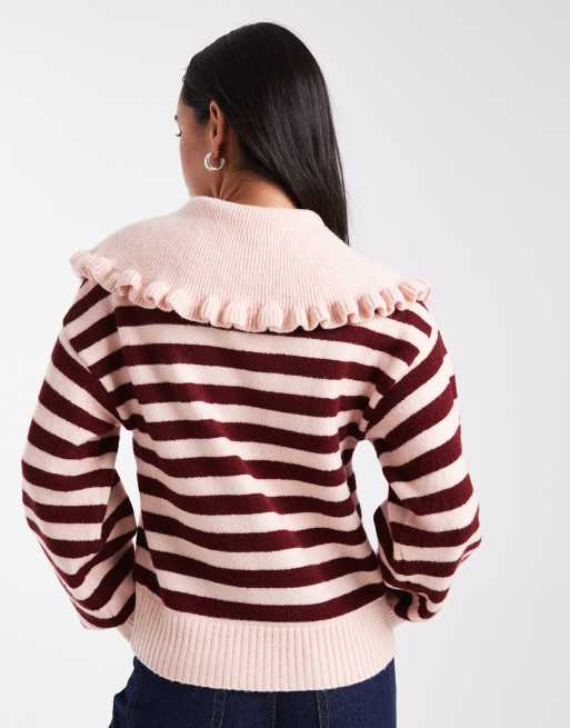 Exclusivité - The Frolic - Pull boutonné avec col oversize à volants - Rayures roses et bordeaux, 4 de 4