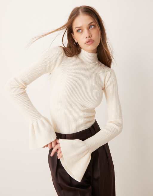 Exclusivité - The Frolic - Pull côtelé à manches évasées avec perles - Crème  