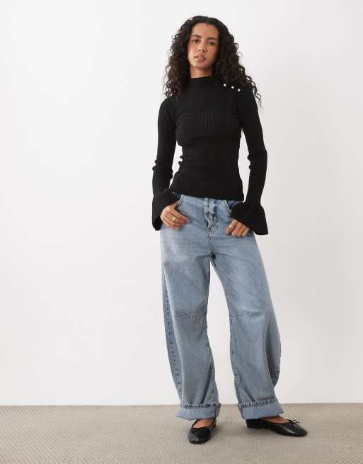 Exclusivité - The Frolic - Pull en maille côtelée à manches évasées avec perles - Noir, 2 de 4