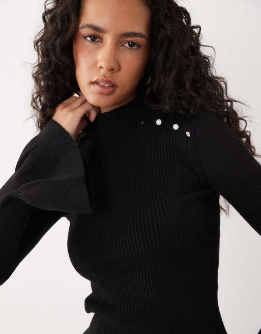 Exclusivité - The Frolic - Pull en maille côtelée à manches évasées avec perles - Noir, 3 de 4