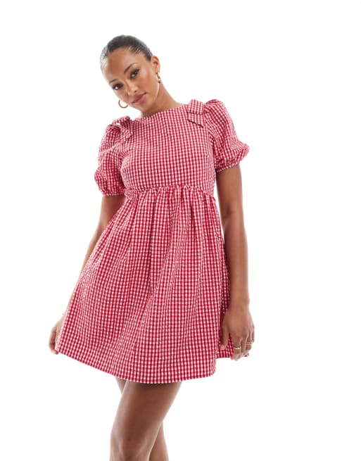 Exclusivité - The Frolic - Robe babydoll courte nouée dans le dos avec manches bouffantes et nœuds - Vichy rouge  