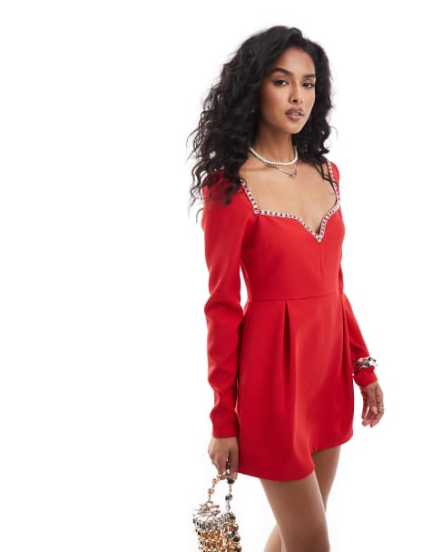 Exclusivité - The Frolic - Robe courte à décolleté en cœur bordé de strass - Rouge - view 1