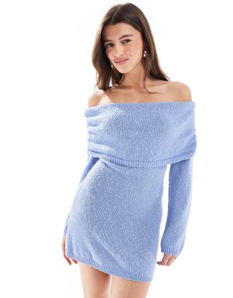 Exclusivité - The Frolic - Robe courte à encolure Bardot en maille texturée - Bleu - view 1