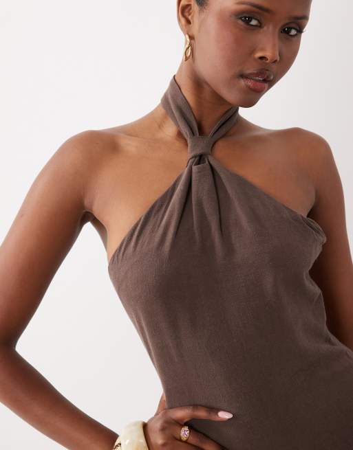 Exclusivité - The Frolic - Robe courte dos nu effet lin nouée devant - Chocolat, 3 de 4