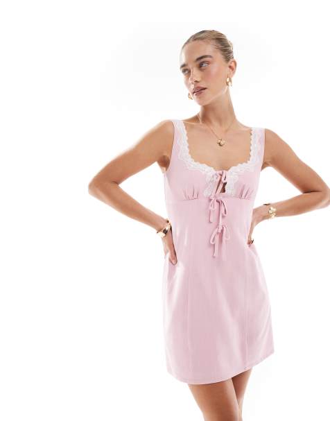 Exclusivité - The Frolic - Robe courte en lin mélangé avec détails noués sur l'avant et finitions contrastantes en dentelle - Rose - view 1