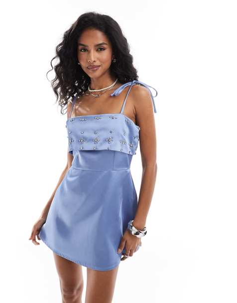 Exclusivité - The Frolic - Robe courte en satin épais à bretelles nouées et strass - Bleu - view 1