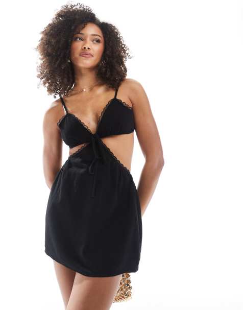 Exclusivité - The Frolic - Robe de plage courte en lin mélangé à col V et découpe avec bordures en dentelle - Noir - view 1