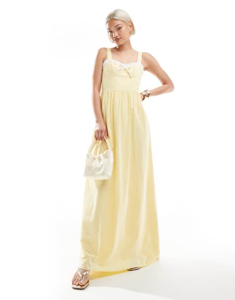 Exclusivité - The Frolic - Robe longue à décolleté en cœur avec nœud et finition à volants contrastante - Jaune - view 1