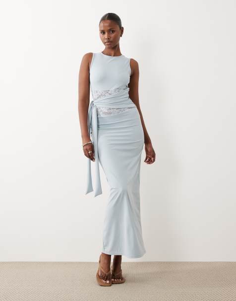 Exclusivité - The Frolic - Robe longue avec détail noué et empiècement en dentelle - Bleu pastel - view 1