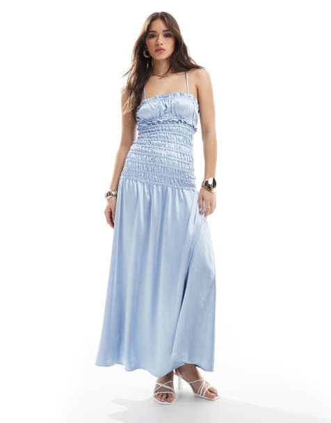 Exclusivité - The Frolic - Robe longue froncée à taille basse en satin - Bleu layette - view 1