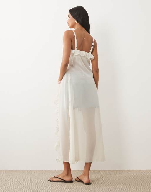 Exclusivité - The Frolic - Robe longue nouée devant en mousseline à volants - Crème, 3 de 4