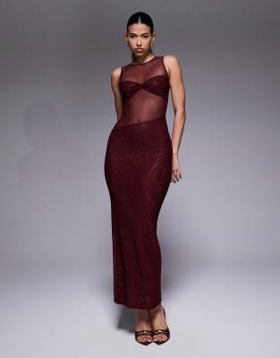 Exclusivité - The Frolic - Robe longue sans manches à col montant et empiècement transparent avec strass thermocollés - Bordeaux | ASOS