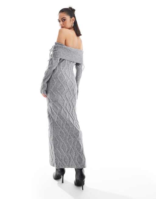 Exclusivité - The Frolic - Robe pull longue en maille torsadée avec encolure Bardot - Gris , 2 de 4
