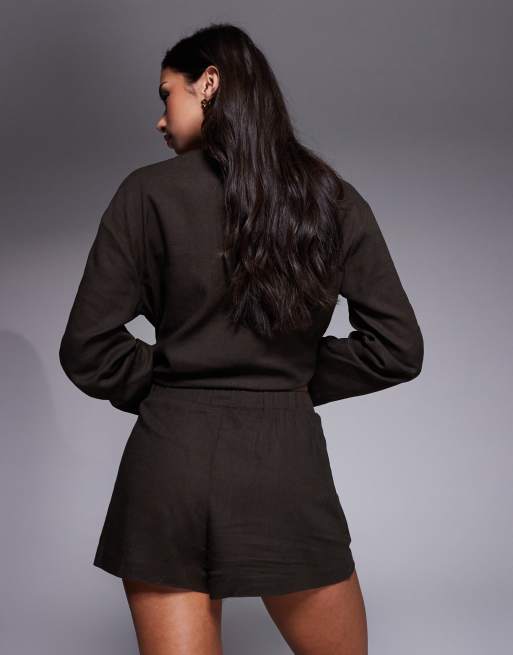 Exclusivité - The Frolic - Short de plage d'ensemble à enfiler en lin mélangé à taille élastique - Chocolat, 2 de 5