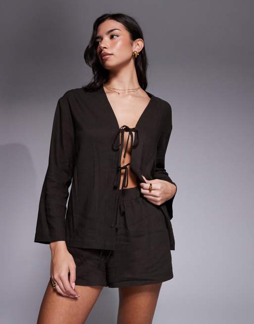 Exclusivité - The Frolic - Short de plage d'ensemble à enfiler en lin mélangé à taille élastique - Chocolat, 3 de 5