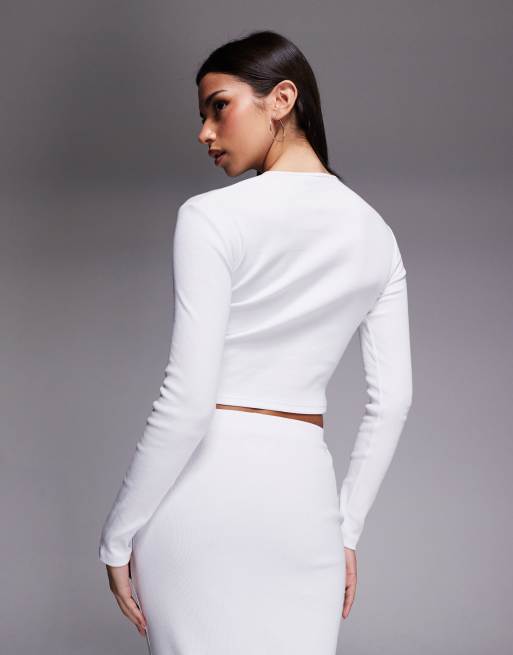 Exclusivité - The Frolic - Top d'ensemble côtelé à manches longues et boutons - Blanc, 4 de 4