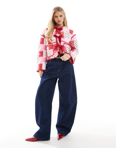 Exclusivité - The Frolic - Veste matelassée réversible à carreaux vichy et imprimés patchwork avec liens noués à l'avant - Rouge et multicolore - view 1