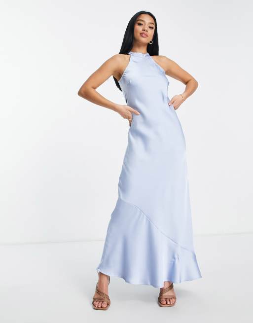 Exclusivit Vila Petite Robe longue de demoiselle d honneur en satin col am ricain Bleu clair