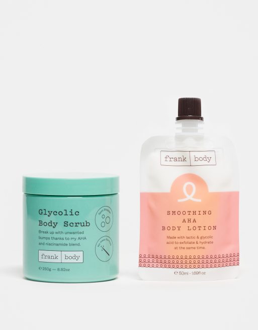 Exfoliante corporal con ácido glicólico de 250 g y loción corporal suavizante con alfa hidroxiácidos de regalo de 50 ml de Frank Body