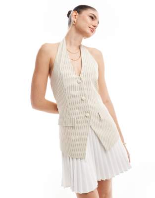 Extro & Vert Extro & Vert 2 in 1 waistcoat tailored pleat mini dress in cream pinstripe-White